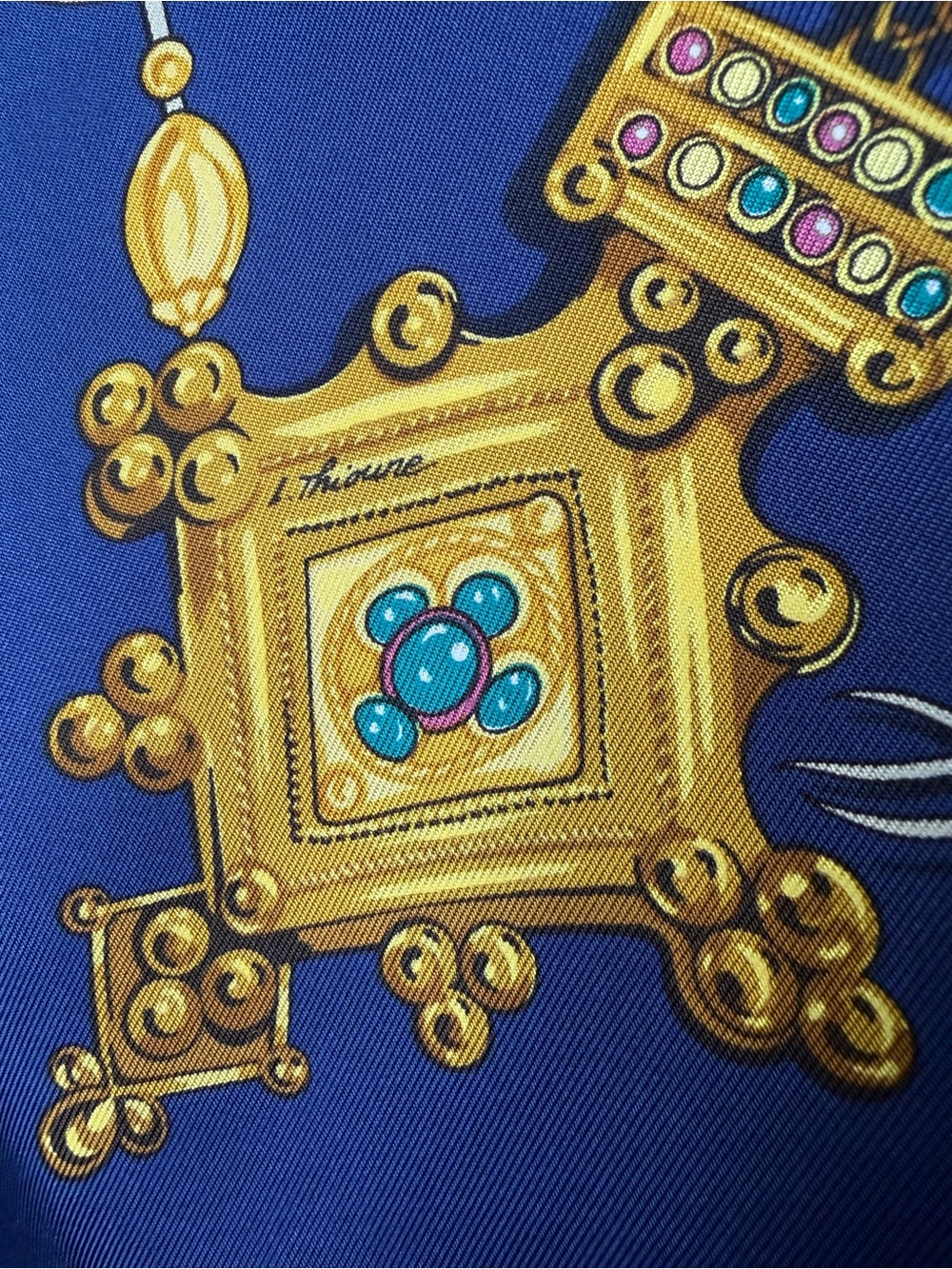 Hermes Navy & Gold Silk-Look Scarf with Jewel Motif - Picture 5 of 5